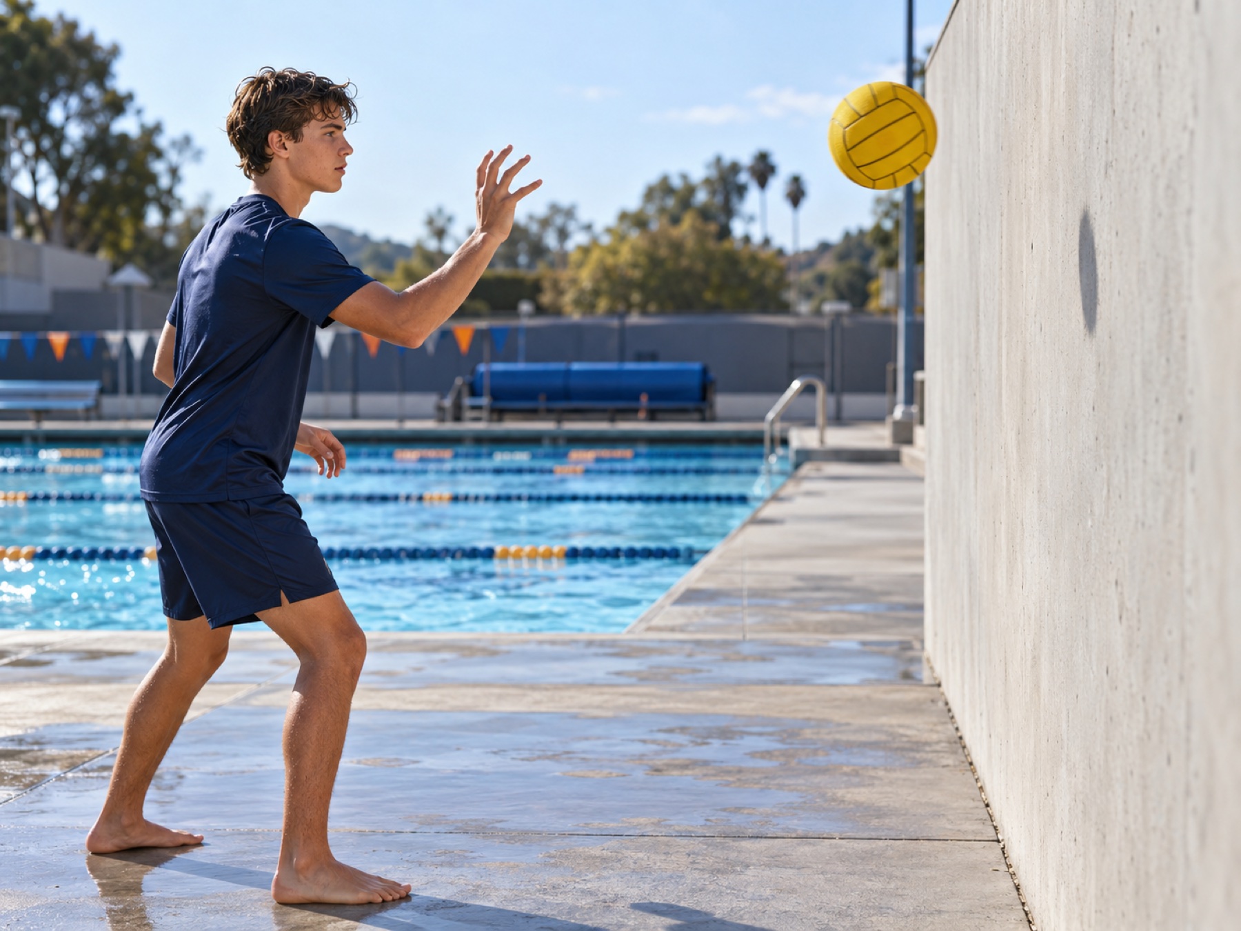 Water polo athlete completing a one-handed wall passing drill